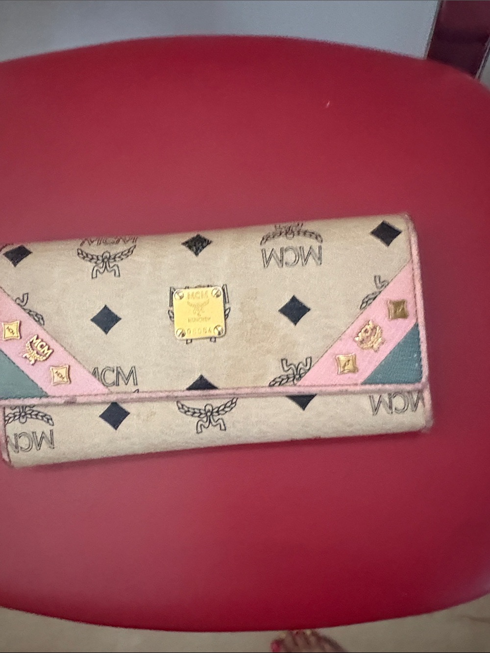 MCM Beige Monogram Continental Wallet with Pink and Green Trim